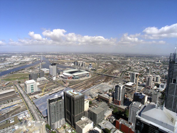 Spencer street train station and the Telstra stadium - Rialto tower Melbourne