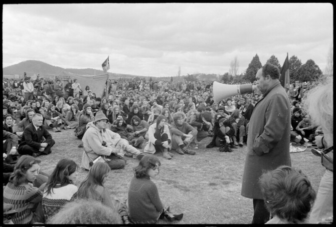 Frank Roberts speaks at the Aboriginal Tent Embassy, Canberra, 1972