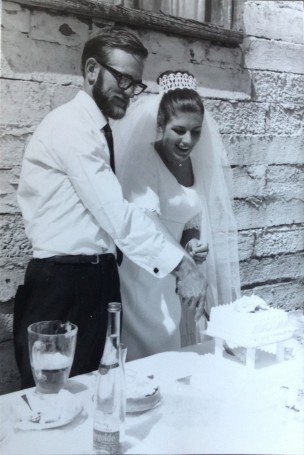 Ian and Anne cut the wedding cake after the ceremony at St Luke's Church Cottesloe WA