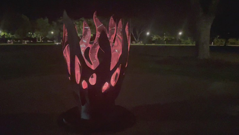 The eternal flame War memorial at Bicentennial Park, Darwin, 20 Aug 2022.