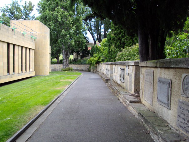Headstones from the original cemetery in Hobart. Headstones date from 1803. In St David's Park Hobart. Law Courts on the left.