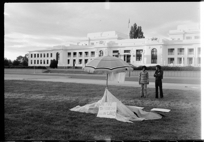 Setting up the Aboriginal Tent Embassy, Canberra. Billy Craigie and Michael Anderson, 27 January, 1972.