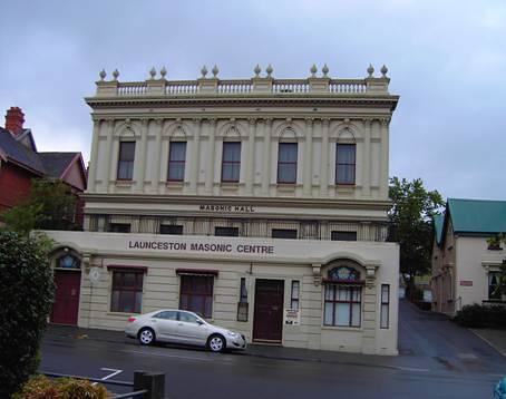 Launceston . The Masonic Lodge in Launceston with many classical features on the building.