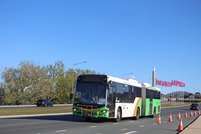 I.D.s 1052 & 44266 photographed by John Ward on 2018-10-06 of Auatralian Capital Territory (Canberra) Scania K360UA articulated BUS-517 (fleet No 517) in Commonwealth Avenue, Parkes, Canberra, A.C.T., Australia.