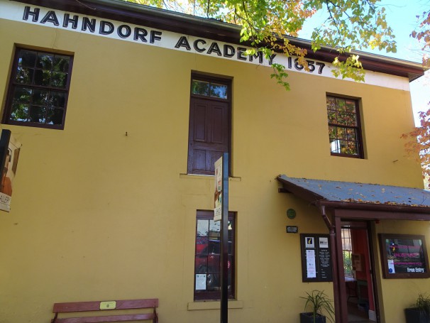 Hahndorf Adelaide Hills. Hahndorf Academy. Opened 1857. Upper floor added 1871 and tower 1872.  Sold to Lutheran Church in 1877. Closed as college 1912 and became a hospital. Now a museum and art gallery.  Street facade..