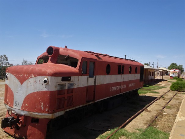 Marree railway station yards with a couple of old Commonwealth Railways engines form the old Ghan service.