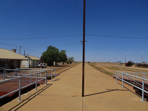 Marree. The platform of the disused railway station. Station building on the left. This was used by the old Ghan train service to Alice Springs from 1929 to 1980.