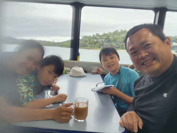 Liam, Isaac, Julia, Alpha on the fast catamaran to Reefworld with Cruise Whitsundays