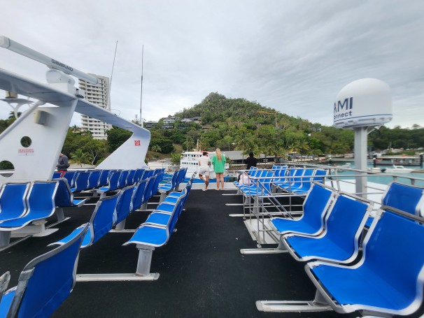 Passengers enjoying the view from the fast catamaran to Reefworld with Cruise Whitsundays
