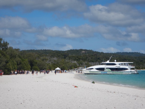 Cruise Whitsundays huge catamaran parked at Whitehaven Beach