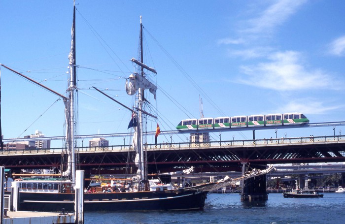 I.D.s. 1312 01101 & 4123T photographed by John Ward on 1996-02-18 of the Sailing Ship Solway Lass with the Monorail passing overhead on the Pyrmont Bridge at Darling Harbour, Sydney, N.S.W., Australia.