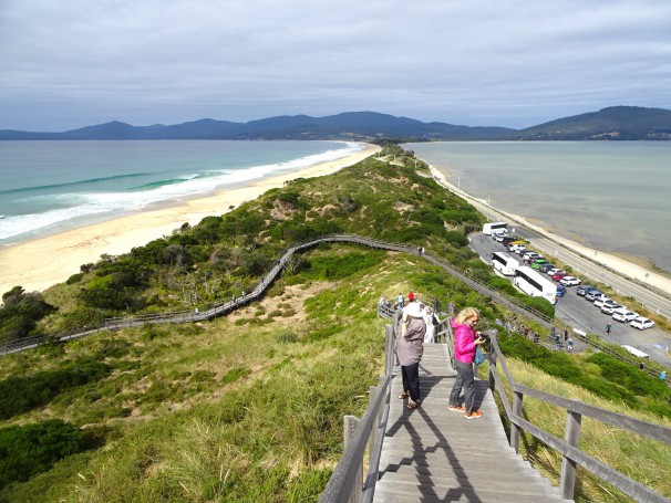 Bruny Island . The Neck an isthmus between the surf beach ocean side and calm waters of D'Entrecasteaux Channel.