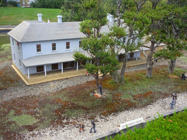 Richmond. Hobart Town model miniature village from 1820s. The second Government House on Macquarie Street. Built in 1817 and demolished in 1858. Site is now Franklin Square. .
