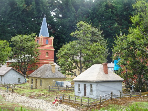 Richmond. Hobart Town model miniature village from 1820s. The first St Davids Anglican Church on Macquarie Street. Built in 1817 - 24 and demolished. Site is now the Anglican Cathedral .