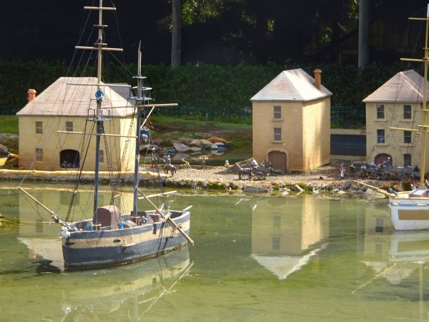 Richmond. Hobart Town model miniature village from 1820s. Warehouses on Hunter Island which is now Hunter Street.