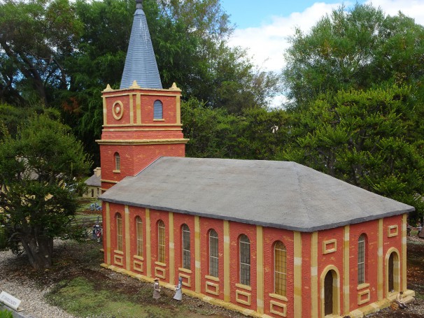 Richmond. Hobart Town model miniature village from 1820s. The first St Davids Anglican Church on Macquarie Street. Built in 1817 - 24 and demolished in 1874. Site is now the Anglican Cathedral .