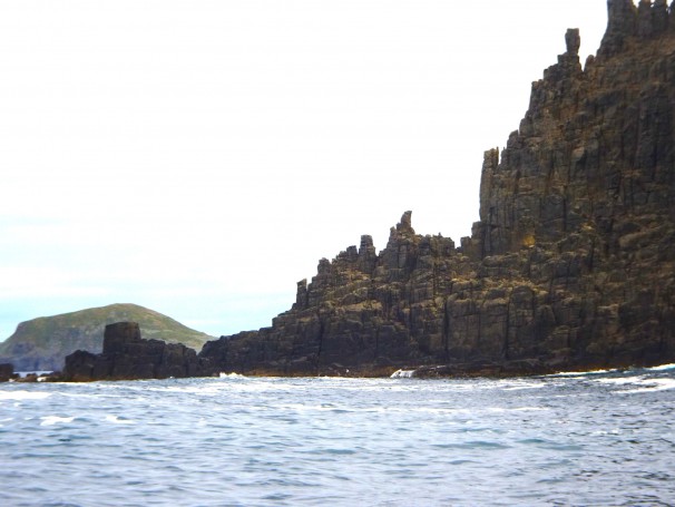 Tasmania. The rugged southern coast of Bruny Island. Cliffs and little offshore islands.
