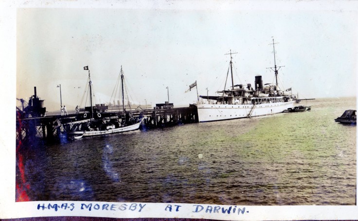 1937: Survey sloop  HMAS MORESBY at Darwin, CANBERRA [I] in rear - NHSA Collection.
