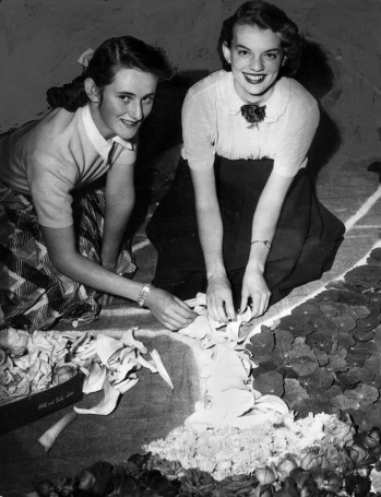 Art students arranging flowers for the Creche and Kindergarten Chelsea flower show Brisbane 1953