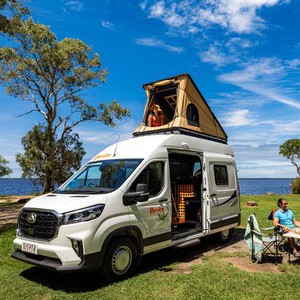 Britz Voyager AU Couple Dining Outside by Lake
