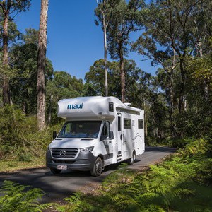 Maui Platinum River Motorhome – 6 Berth NZ Exterior Forest Road Front View