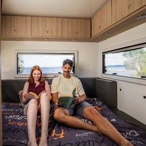 Mighty Big Six AU Couple Reading on Rear Bed by Lake