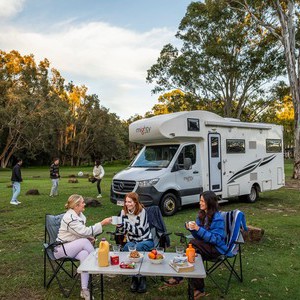Mighty Big Six AU Friends at Campsite beside Motorhome