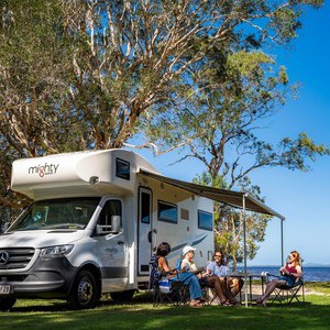 Mighty Big Six AU Group beneath Awning at Lakeside Campsite