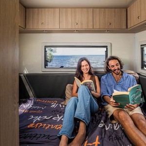 Mighty Double Up AU Couple Reading on Rear Bed by Lake