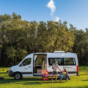 Mighty Deuce Plus AU Couple at Campsite beside Camper