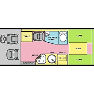 Let’s Go Wanderer Deluxe Motorhome – 2+1 Berth – day layout