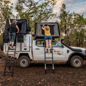 Britz Warrior 4wd 4 Berth AU Exterior Driver Side Rooftop Tent Setup View