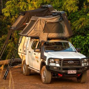 Britz Warrior 4wd 4 Berth AU Exterior Front Driver Side Rooftop Tent View