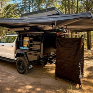 WA Toyota Hilux 4WD Single Rooftop Tent 2 Berth AU Exterior Campsite Awning Setup
