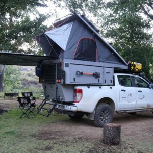 WA Toyota Hilux Sleep Inside 4WD 2 Berth AU Exterior Rear Campsite Roof And Awning Open